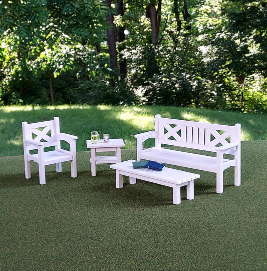 Patio Furniture Set - 1:12 Scale Dollhouse Bench, Chair, Tables