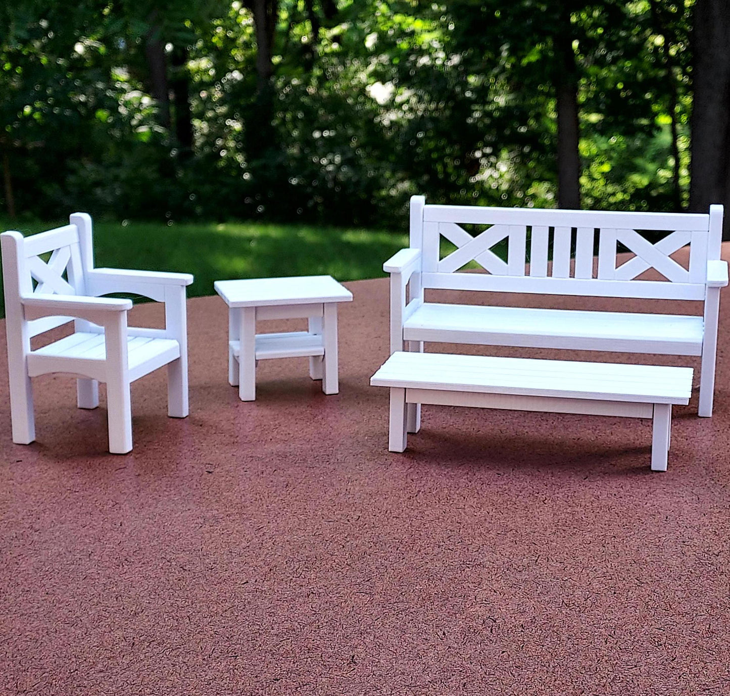 Patio Furniture Set - 1:12 Scale Dollhouse Bench, Chair, Tables