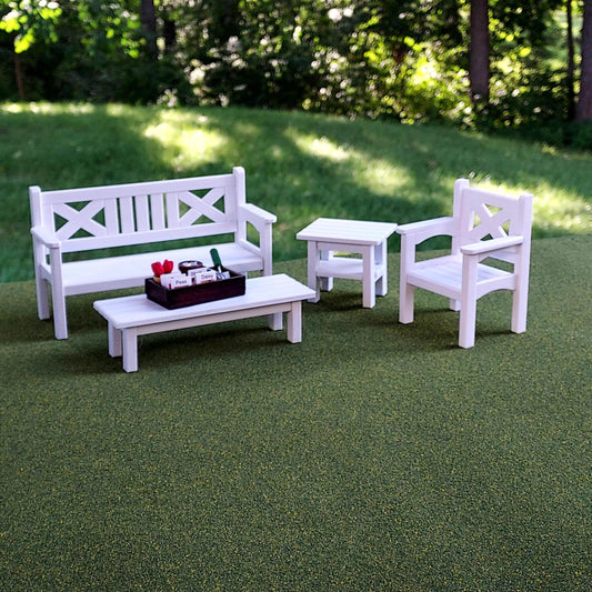 Patio Furniture Set - 1:12 Scale Dollhouse Bench, Chair, Tables